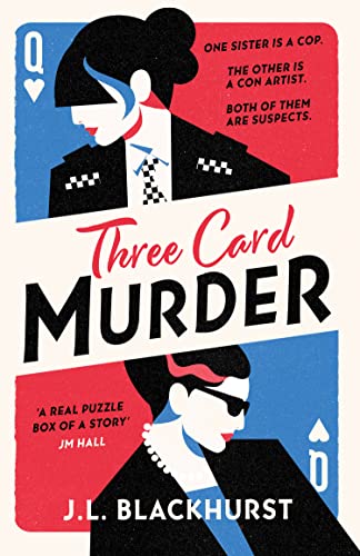 Book cover for Three Card Murder featuring stylized illustrations of two women as playing cards.