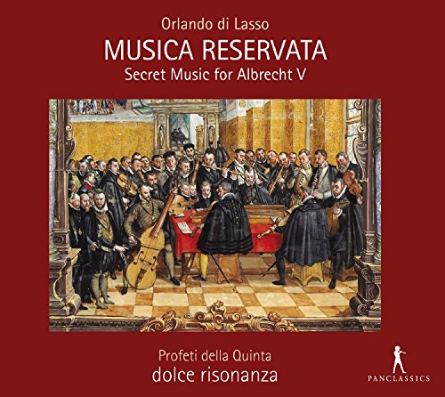 Red CD cover with Renaissance painting of musicians in ornate room, surrounded by text.