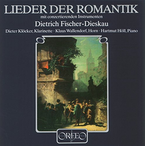 "CD cover with dark blue background, painting of people in a courtyard scene."