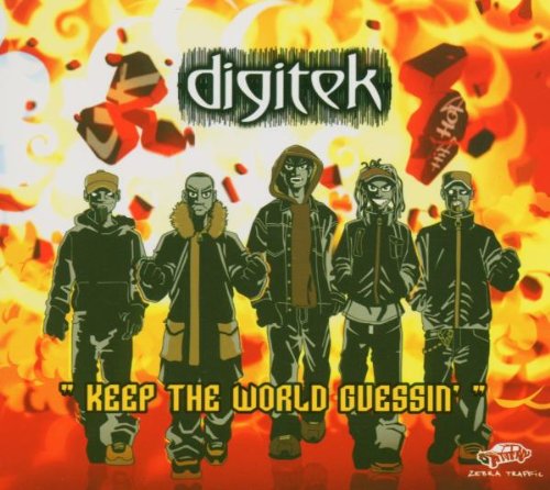 Digitek album cover featuring five men in dark clothing against a fiery background.