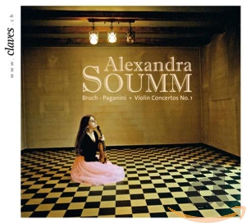 A CD cover featuring a woman sitting on a checkered floor, holding a violin.