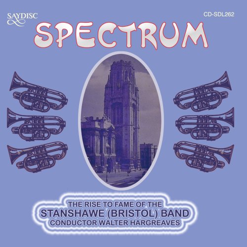 "Blue album cover with 'Spectrum' title, building image, and six trumpets."