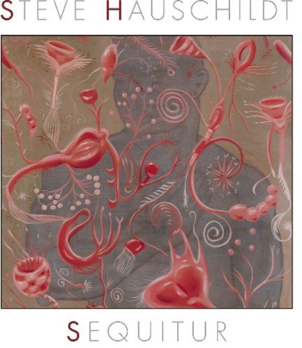 Album cover with abstract red and grey floral design on a square, white border.