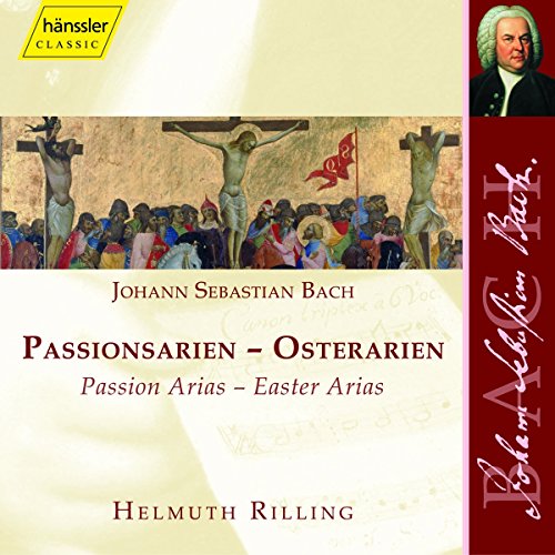 "CD cover with crucifixion scene, composer's portrait, and text in multiple colors."