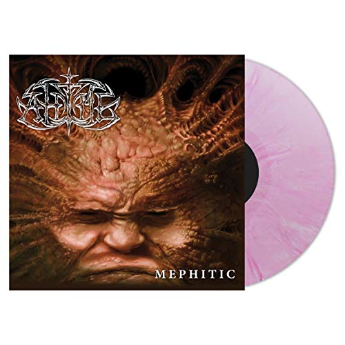 "Pink vinyl record with album cover featuring a grotesque, close-up face and white text."