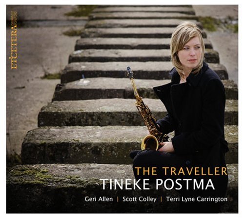 Woman in black holding a saxophone sits on stone steps, album cover artwork.