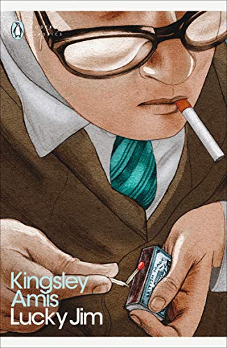 "Lucky Jim" book cover featuring a man in suit, smoking and holding a lighter.