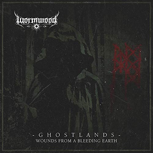 Dark album cover with hooded figure and red symbol, white text "Wormwood" and "Ghostlands".