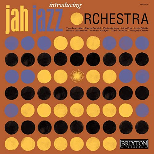 Brown album cover with grid pattern of colored circles, featuring "Jah Jazz Orchestra" title.