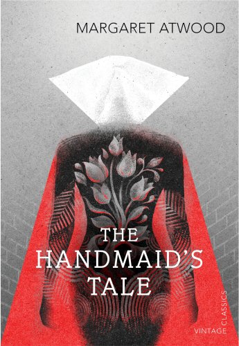 "The Handmaid's Tale" book cover featuring a red-robed figure with a white headpiece.