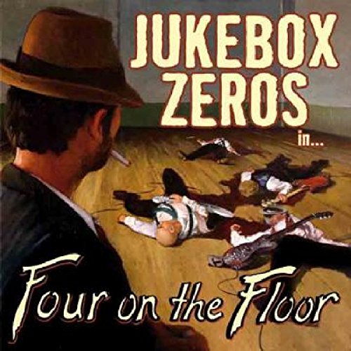 "Album cover art: man in hat looks at musicians lying on the floor."