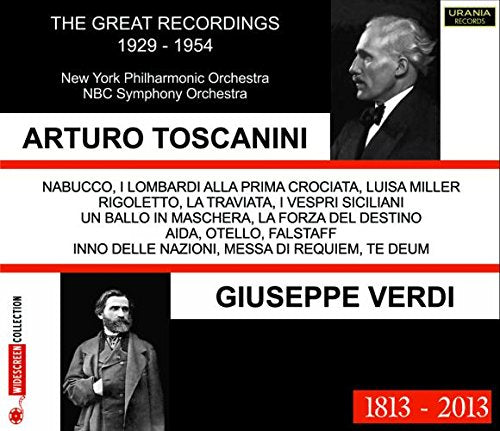 "Black and white CD cover featuring portraits of Arturo Toscanini and Giuseppe Verdi."