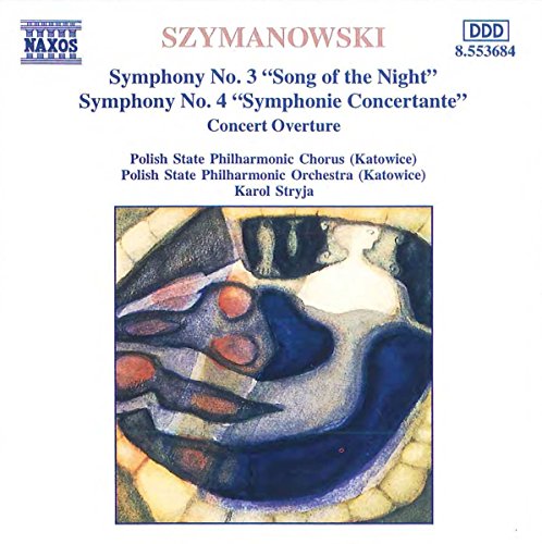 "CD cover with abstract art and text describing Szymanowski's symphonies."