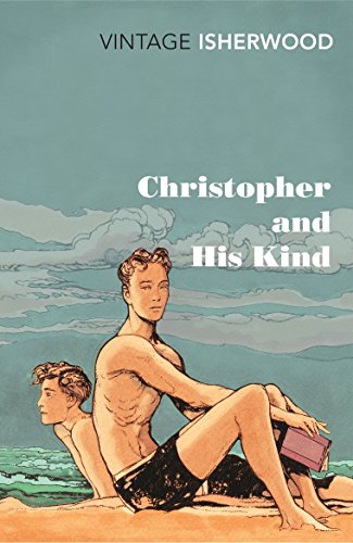 "Book cover with illustration of two men on a beach, one holding a book."