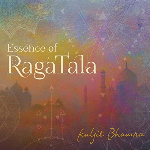 "Album cover with 'Essence of Raga Tala' text, colorful background, and silhouette of a building."