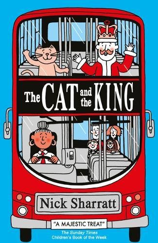 "The Cat and the King" book cover featuring a cartoon red bus with a cat and king.