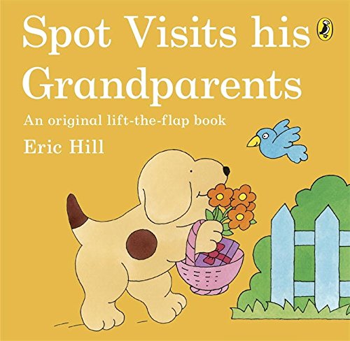 "Yellow children's book cover featuring a dog holding a basket of flowers."