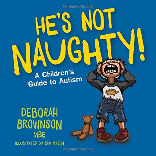 Book cover with cartoon boy, teddy bear, and title "He's Not Naughty!" on blue background.