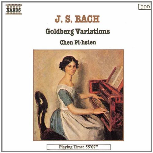 CD cover featuring a woman playing a harpsichord, titled "J. S. Bach Goldberg Variations".