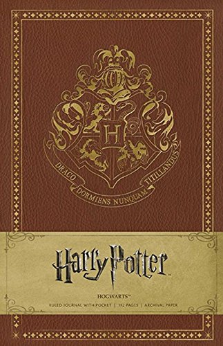 Brown leather-bound Harry Potter journal cover with gold crest and ornate details.