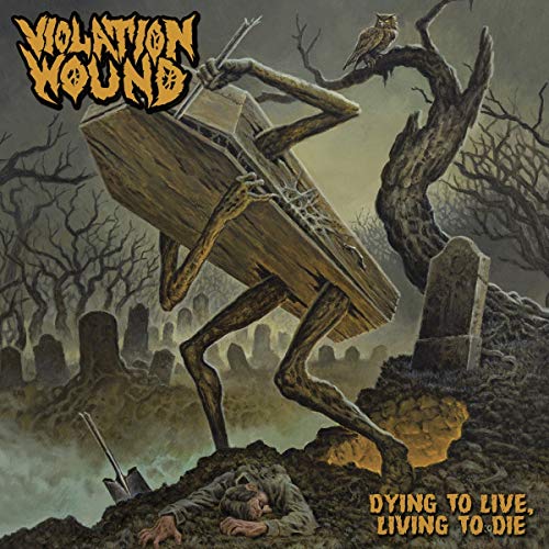 "Album cover art: coffin on stilts in a graveyard with a dead body."