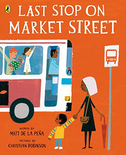 "Orange children's book cover featuring a woman and child exiting a bus."