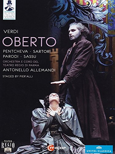 DVD cover for Verdi's "Oberto" featuring two actors in period costumes on a dark background.