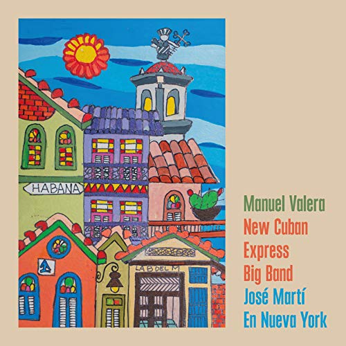 "Album cover with colorful illustration of buildings and text on beige background."