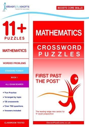 The image depicts a book cover for "11+ Puzzles Mathematics Crossword Puzzles Book 1". Alt text: Book cover with red and white design, featuring a red figure and text.