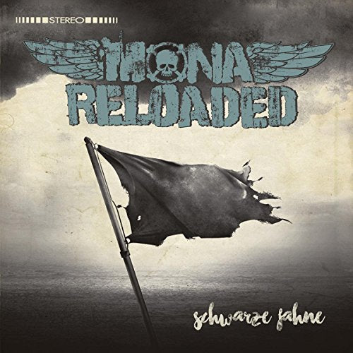 "Album cover with tattered black flag, skull logo, and distressed text on a cloudy background."