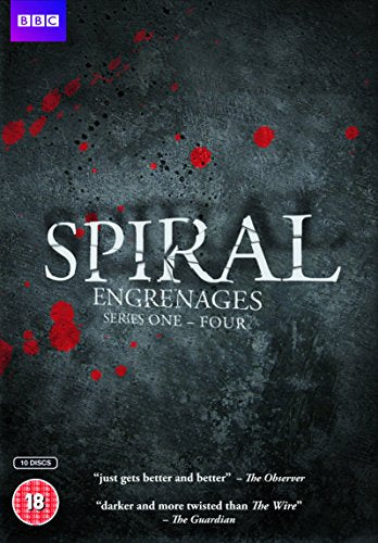"Dark DVD cover with red splatters, 'SPIRAL' title, and BBC logo in purple square."