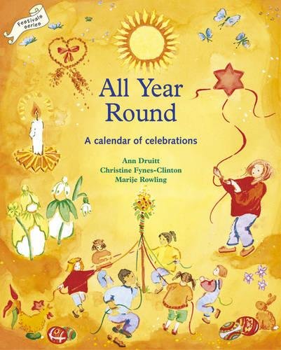 "Book cover with yellow background, illustrations of people celebrating, and title 'All Year Round'."