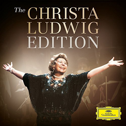 Christa Ludwig in a black dress, arms outstretched, on a CD cover.