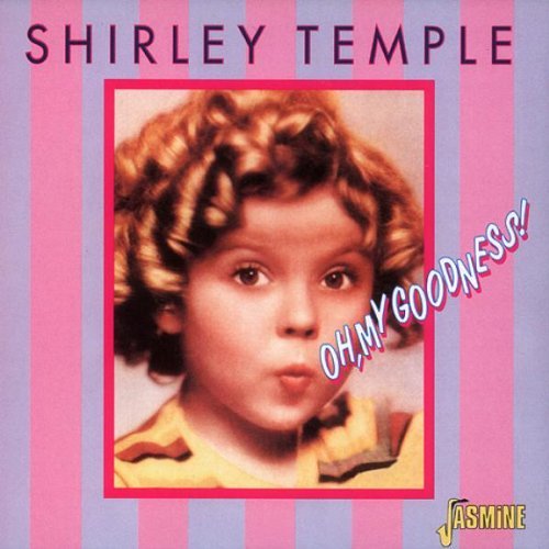 "CD cover with a vintage photo of Shirley Temple on pink and blue stripes."