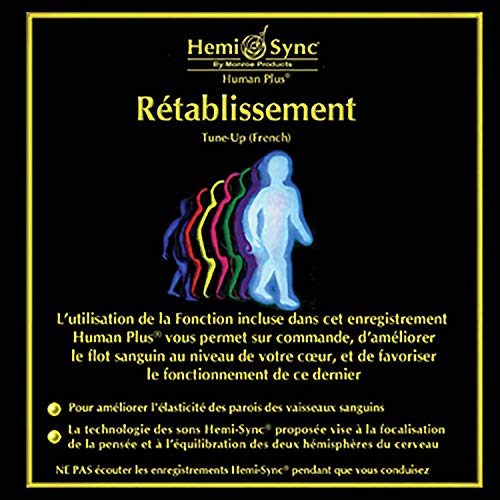 "Hemi-sync product cover with a blue human figure and multicolored wavy lines on a black background."