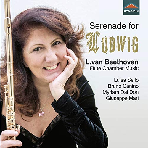 The image depicts a CD cover featuring a smiling woman holding a flute. #### Alt Text: "Woman holding flute on Beethoven CD cover with gold text and logo."