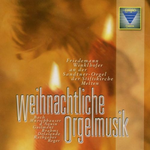 "CD cover with lit candles and 'Weihnachtliche Orgelmusik' title in white text on orange background."