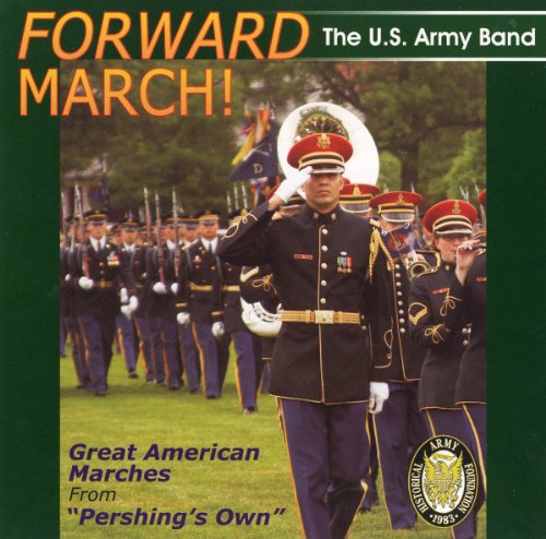 "CD cover featuring U.S. Army marching band with uniformed soldiers and musical instruments."