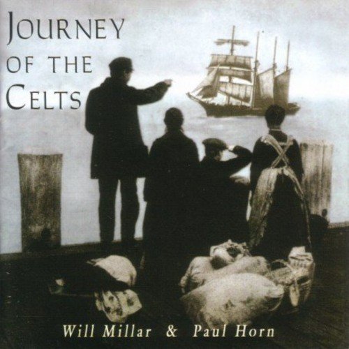 "CD cover with sepia-toned image of people watching a ship, titled 'Journey of the Celts'."