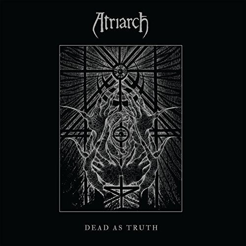 "Black album cover with white illustration of crucified figure surrounded by occult symbols."
