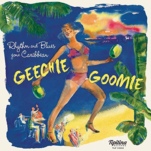 "Vinyl record cover art featuring a woman dancing on a tropical beach at sunset."