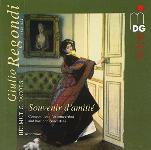 CD cover featuring a woman in a dress entering a room, with portrait and green couch.