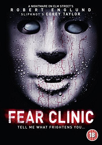 "Fear Clinic" DVD cover featuring a close-up of a cracked white mask with black eyes.