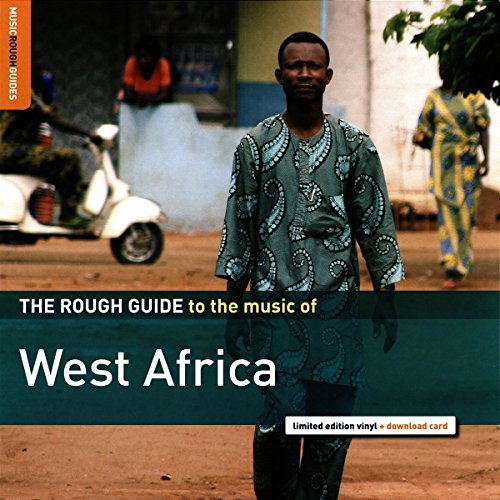 "Album cover with man in patterned shirt on dirt road, scooter, and building in background."