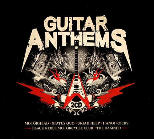 "Album cover with a red and white guitar on a black background."