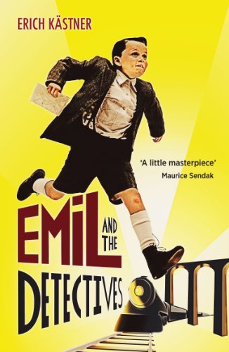 Book cover featuring a boy jumping over train tracks, wearing a suit and holding a paper.