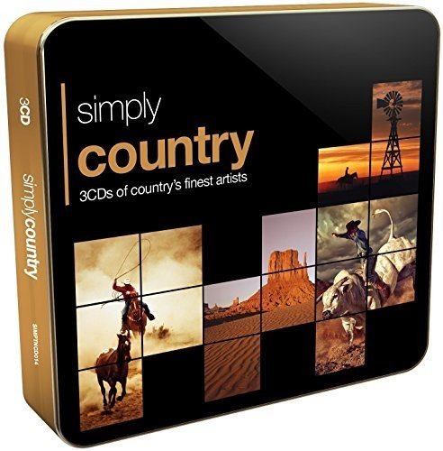 "CD cover with 'Simply Country' text and western-themed collage on black background."