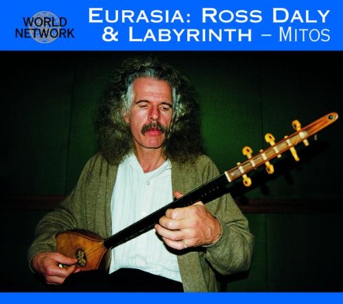 Man with curly hair holding a stringed instrument, against a dark green background.