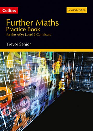"Maths textbook cover with 'Further Maths Practice Book' title, featuring abstract numbers on a black background."