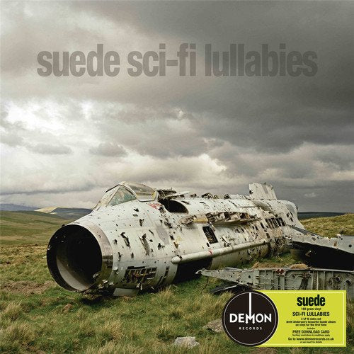 "Album cover featuring a damaged airplane in a field with cloudy sky."